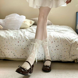 Lolita丝带蝴蝶结小腿袜春夏季 薄款 甜美风中筒堆堆袜子女配小皮鞋