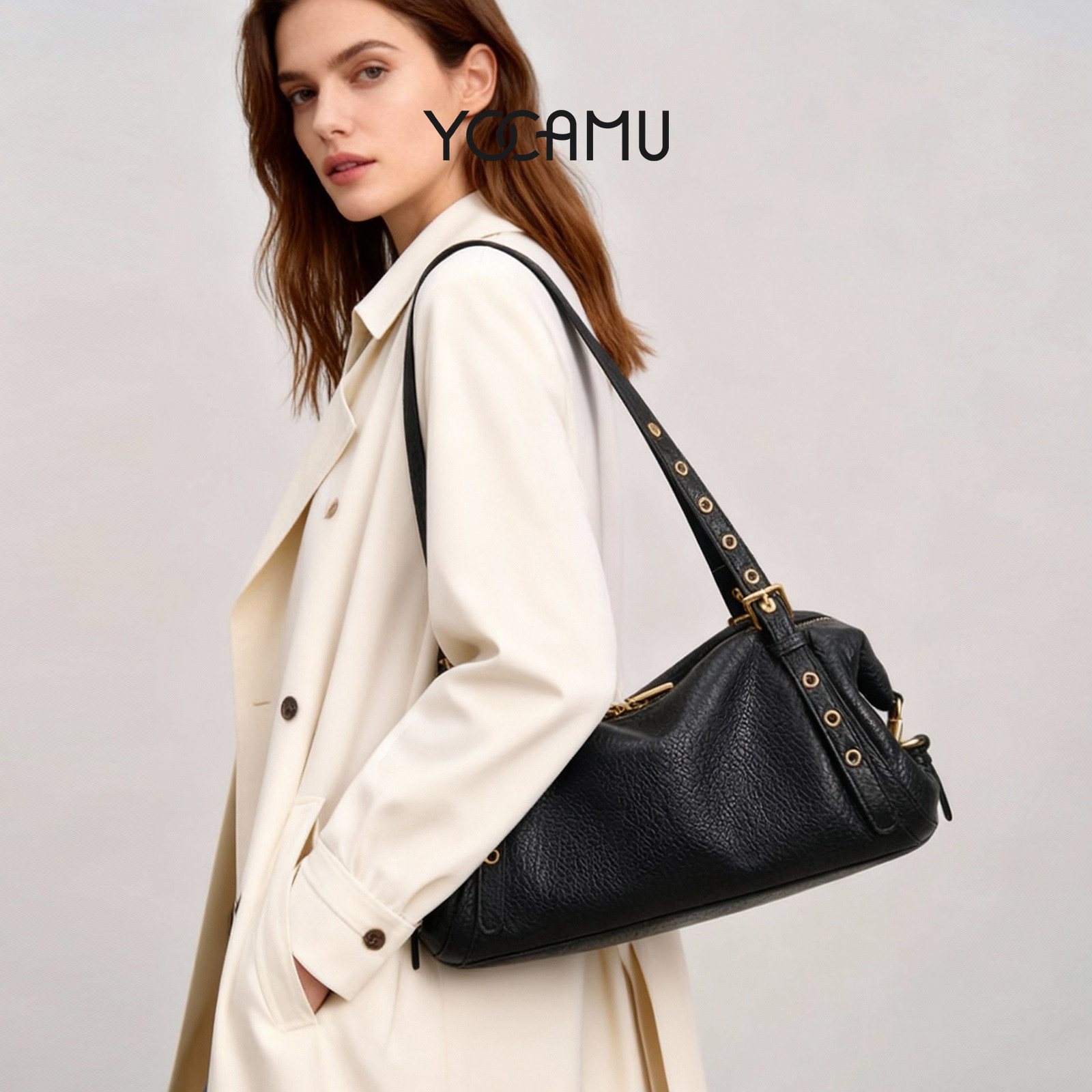 YOCAMU头层羊皮波士顿包小众设计百搭法棍包高级感通勤单肩腋下包,箱包皮具/热销女包/男包,单肩包,淘宝优惠券,粉丝福利购,淘宝优惠卷