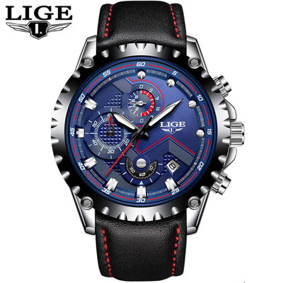 LIGE利格9821新款皮带夜光针日历时尚室外运动个性潮流手表