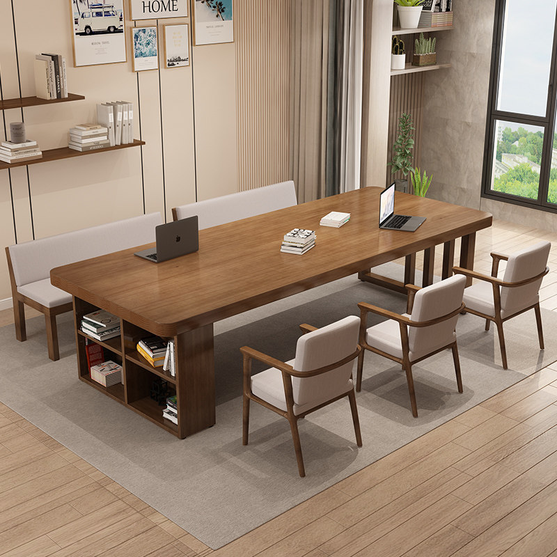 北欧实木大长书桌书柜一体写字桌