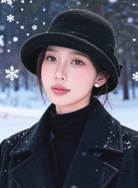 法式千金风礼帽女冬天保暖高级感卷边盆帽显脸小优雅黑色渔夫帽子