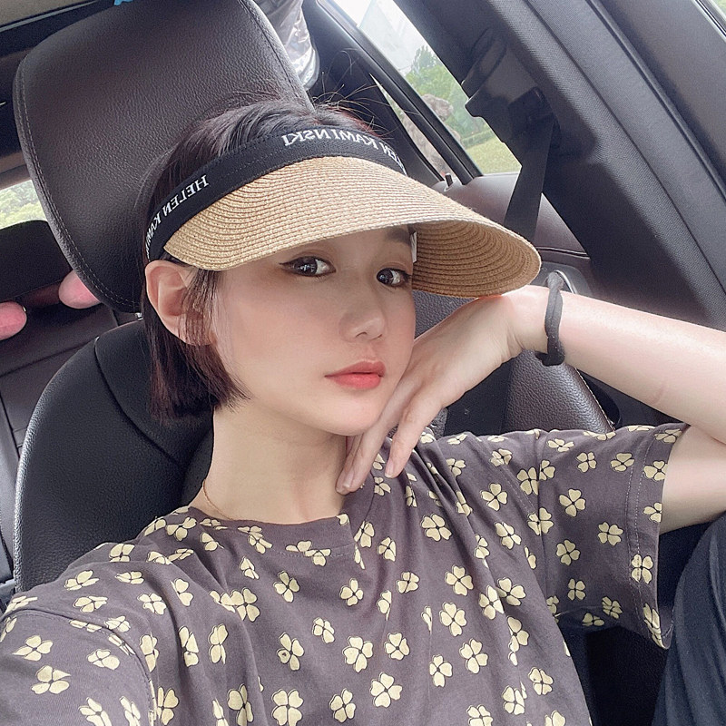 拉菲草空顶遮阳帽子女夏uv防晒帽骑行防紫外线沙滩草帽无顶太阳帽