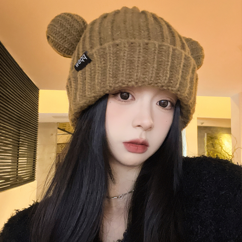 秋冬小熊耳朵针织帽女保暖护耳