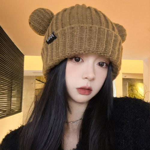 秋冬小熊耳朵针织帽女保暖护耳