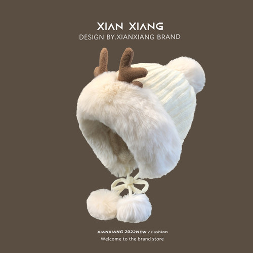 敲可爱~鹿角毛绒帽子女冬季加绒