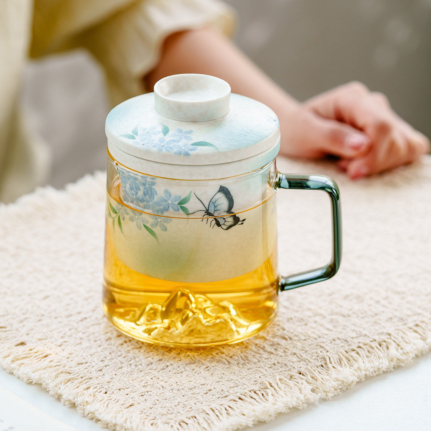 复古岩矿白蝶隐蓝绣陶瓷马克杯子喝水杯办公室泡茶杯茶水分离精致