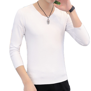 无痕长袖t恤男款纯棉打底衫内穿纯色白色薄款低领春季上衣男内衬