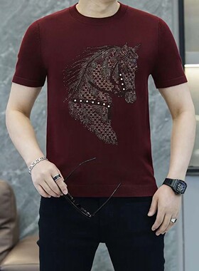 本命年红色短袖毛衣男款秋冬季修身半袖针织衫2026马年烫钻t恤男