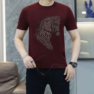 本命年红色短袖毛衣男款秋冬季修身半袖针织衫2026马年烫钻t恤男