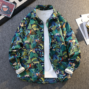 度假夏威夷风碎花纯棉长袖衬衫男士夏季海边穿搭宽松休闲沙滩衬衣