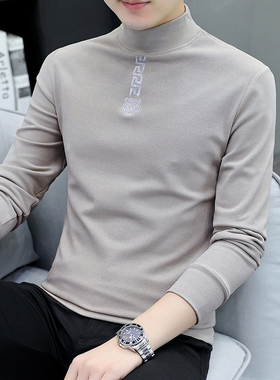 德绒绒打底衫男长袖t恤秋冬男士磨毛修身保暖上衣半高领内搭卫衣