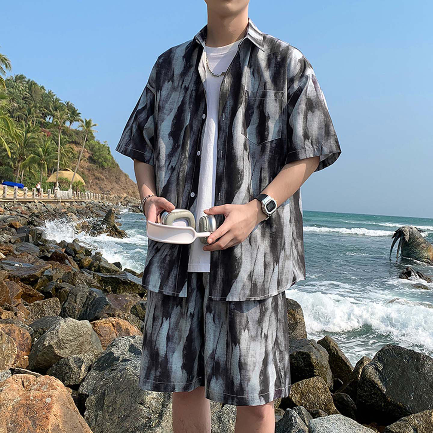 海边度假衬衣男薄款速干花衬衫短袖男士夏季泰国三亚旅行穿搭套装