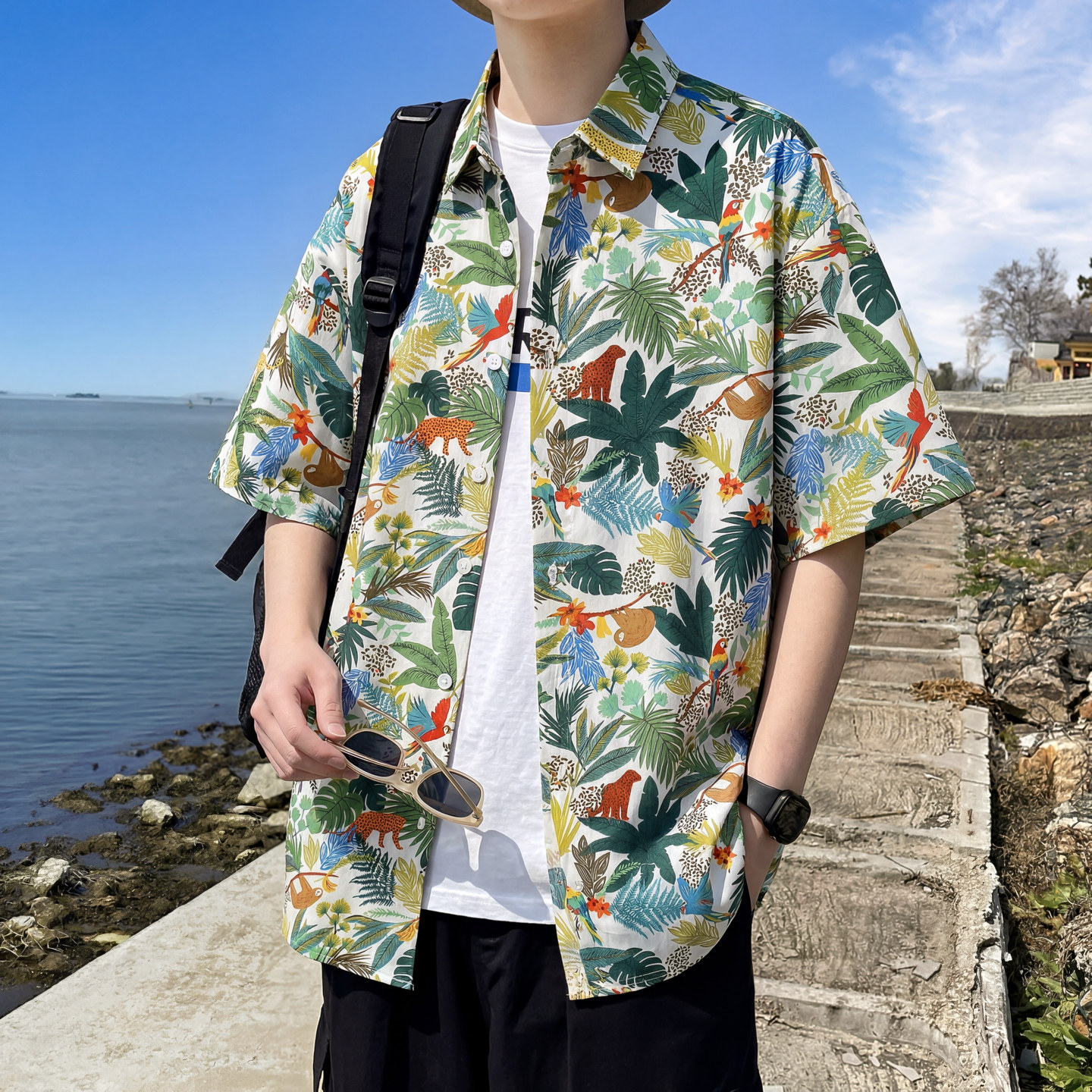 泰国海边沙滩花衬衫男短袖纯棉夏季宽松三亚旅游穿搭男装半袖衬衣