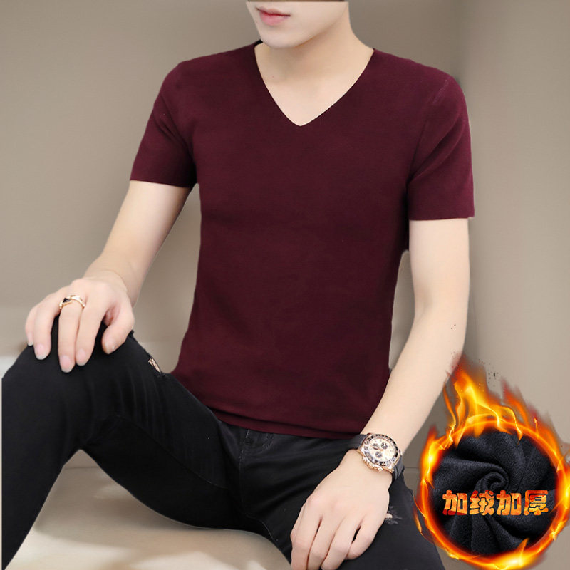 冬季加绒短袖t恤男v领加厚磨毛双面绒保暖内衣内搭上衣半袖打底衫,男装,T恤,淘宝优惠券,粉丝福利购,淘宝优惠卷