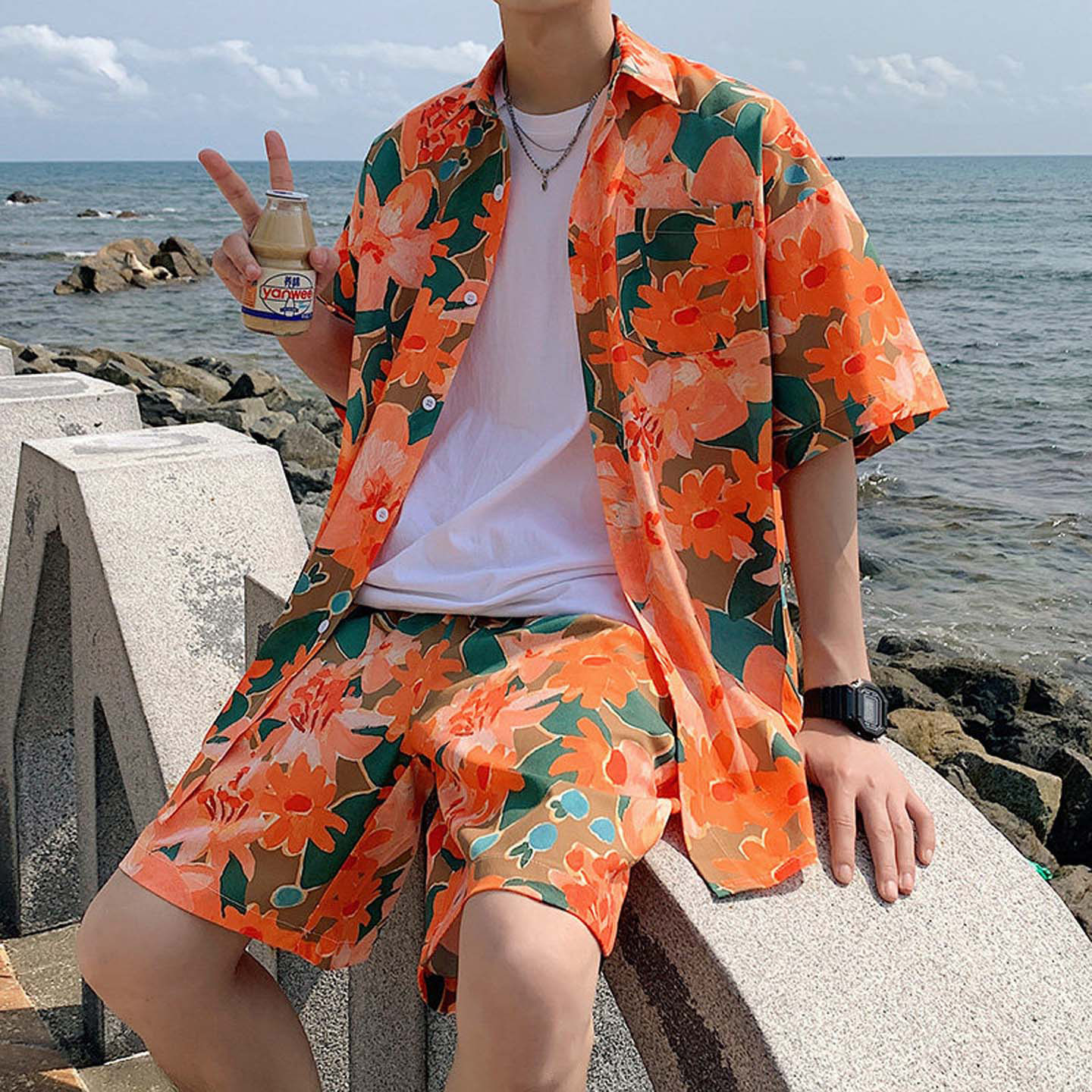 泰国旅游度假花衬衫男夏季痞帅短袖高级感男士海边穿搭沙滩服套装