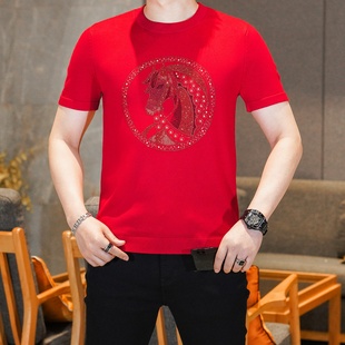 男士本命年衣服加厚内搭针织短袖t恤马年红色烫钻马图案毛衣半袖