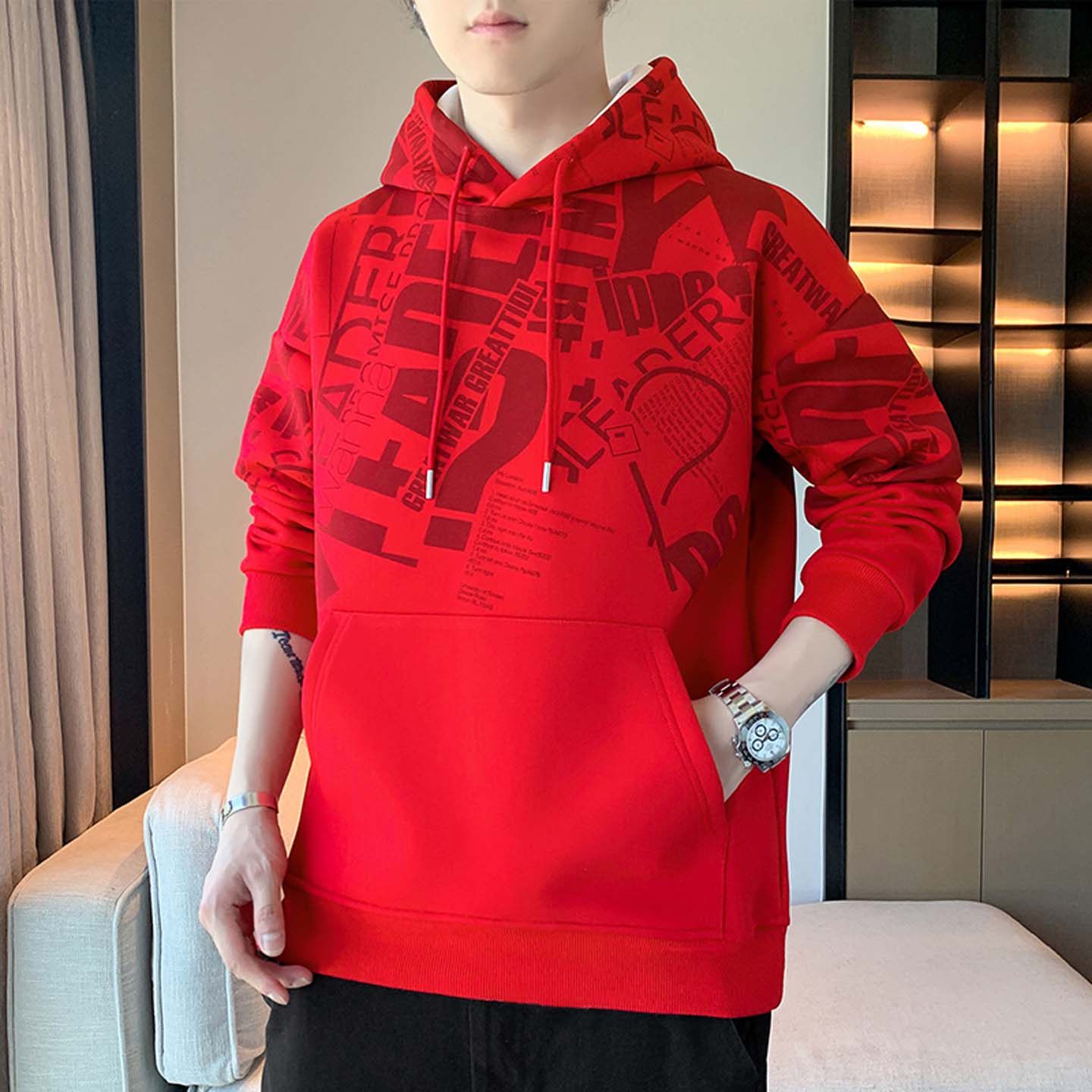 2026新年红色战袍男装卫衣马年本命年衣服加厚青少年连帽长袖t恤