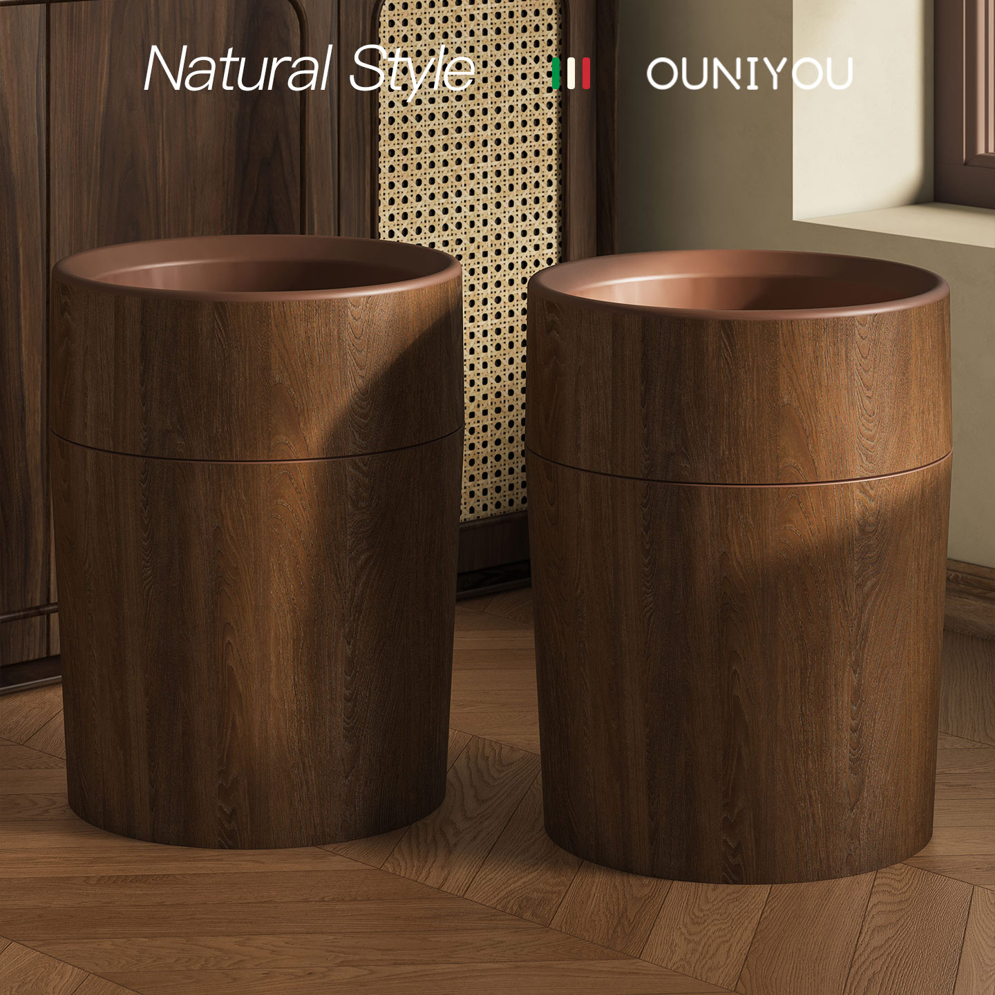 欧尼优复古仿木纹垃圾桶客厅家用新款大号大容量中古风轻奢垃圾桶