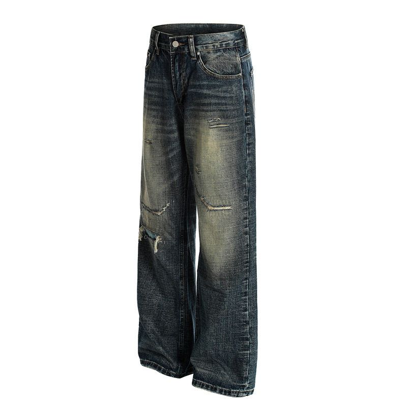 DC+FX078美式高街vibe破坏补丁牛仔裤男小众直筒cleanfit微喇裤子