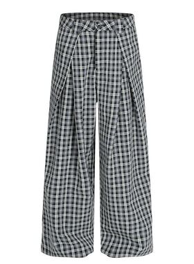 C922美式复古中性高级感街潮格纹褶皱设计宽松男式休闲格子西裤