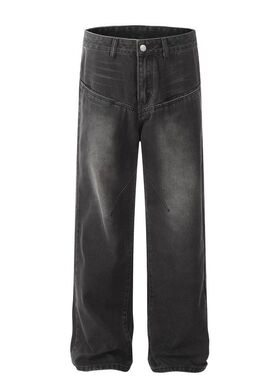 D1595-曼坤高街美式复古潮流街头水洗黑口袋设计直通男式牛仔长裤