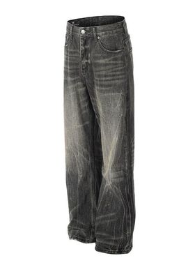 DC+FX072美式高街爆裂纹理黑灰色直筒牛仔裤男cleanfit显瘦裤子潮