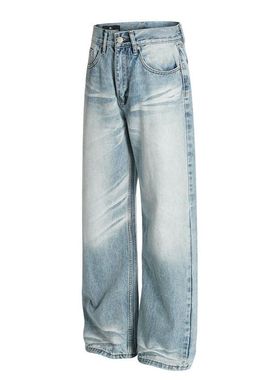 DC+FX076美式复古简约猫须做旧浅蓝色水洗牛仔裤宽松百搭直筒裤男