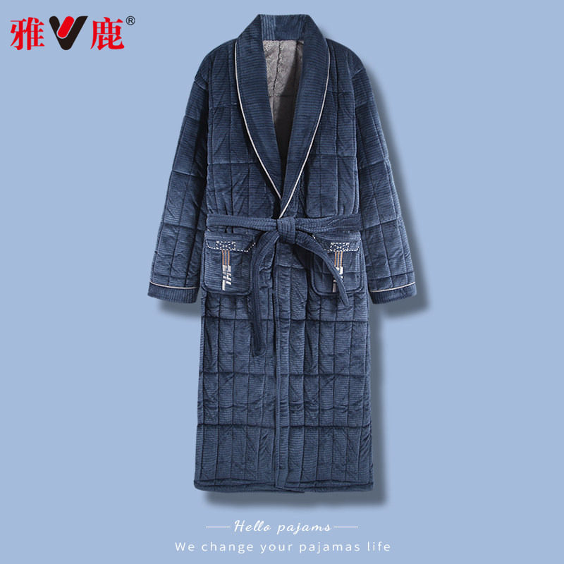 雅鹿睡袍男士睡衣冬季三层加厚加绒长款珊瑚绒夹棉袄浴袍秋冬保暖