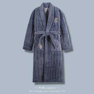 雅鹿珊瑚绒夹棉男士睡衣秋冬三层加厚保暖睡袍冬季法兰绒浴袍长款