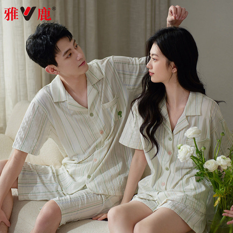 雅鹿情侣睡衣夏季纯棉短袖短裤2026年新款女士可爱男士家居服套装
