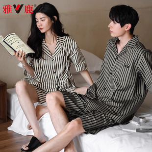 雅鹿情侣睡衣夏季纯棉短袖短裤2026年新款男士女款薄款家居服套装