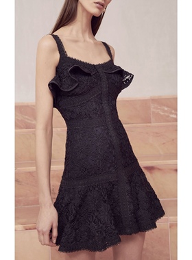 美系轻奢@lexis 女款 黑色 LINZI 荷叶边吊带连衣裙 短裙