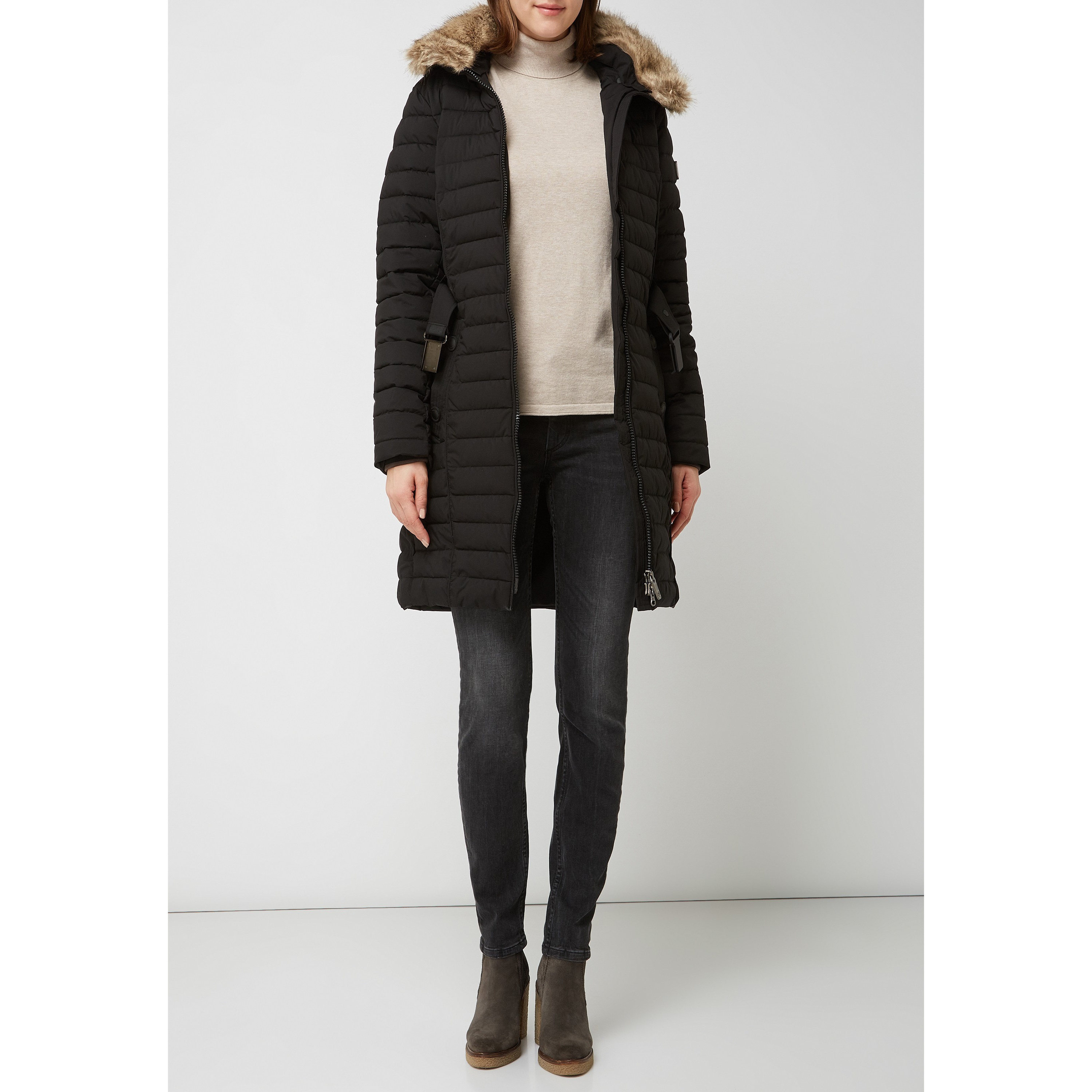 德系户外女款 FLAM 719防水防风双向拉链腰带带毛领连帽棉服