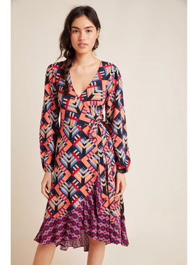 美系安家AP 女款 Amity网球印花交叉V领系带裹身连衣裙 三款