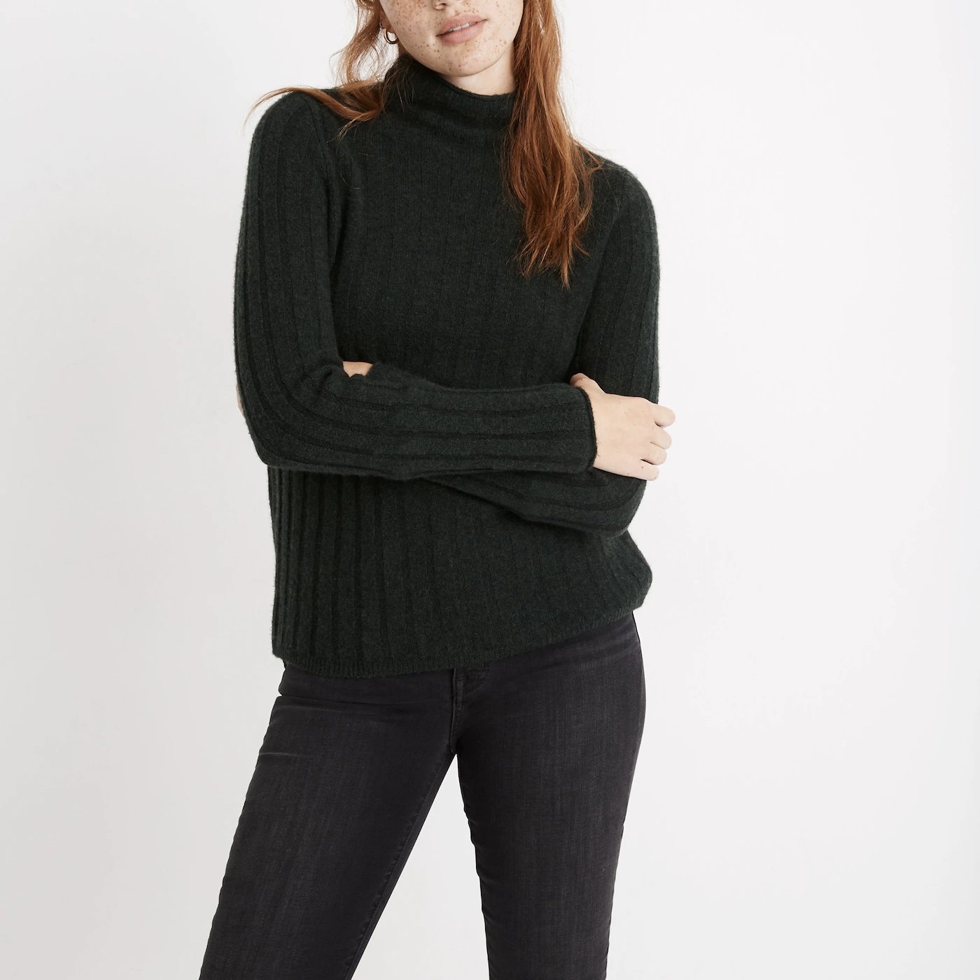 美系M条纹磨毛高领卷边针织衫