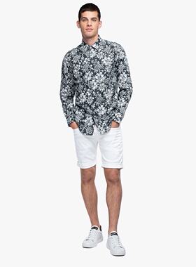 意系R 男款 亚麻 AOP Florals 商务休闲黑白花卉印花修身长袖衬衫