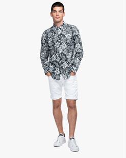 意系R 男款 亚麻 AOP Florals 商务休闲黑白花卉印花修身长袖衬衫