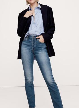 美系B/R 女款 棉 蓝色水洗做旧猫须拉链高腰直筒牛仔裤