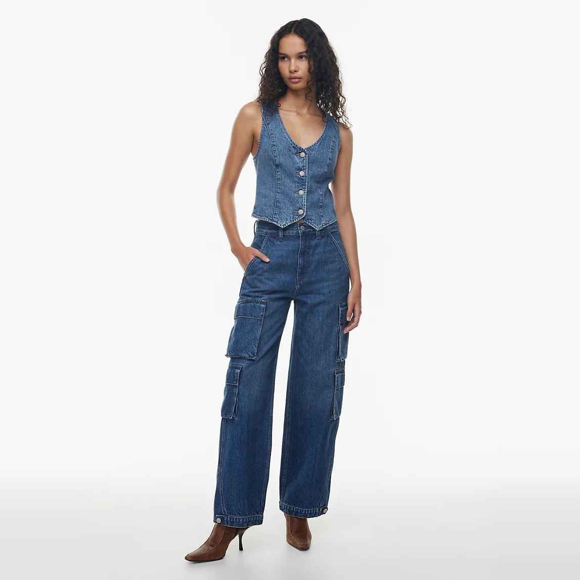 经典洗水多口袋工装牛仔裤阔腿裤