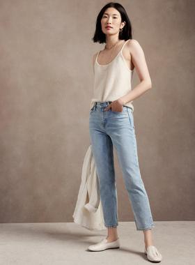 美系B/R 女款 猫须水洗做旧复古蓝色弹力直筒牛仔裤