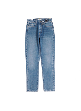 北欧高街 女款 Solstice 蓝色 猫须水洗高腰修身直筒牛仔裤
