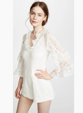 美系轻奢@lexis 女款 白色蕾丝v领荷叶袖连体短裤