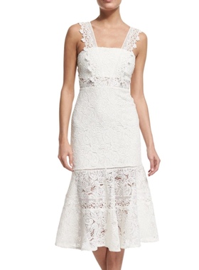 美系轻奢@lexis 女款 Bojana 白色蕾丝荷叶边吊带连衣裙