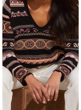 斯德哥尔摩0DD M011Y 北欧波西米亚 复古撞色嵌花V领针织衫 毛衣