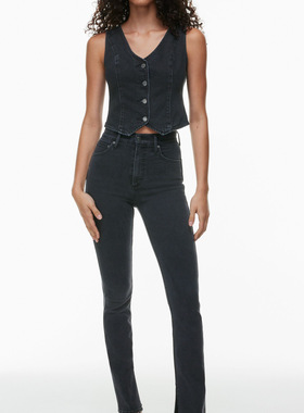 老钱风丹宁DF 女款 复古高腰弹力开衩黑色牛仔裤