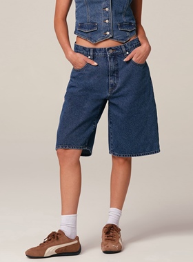 澳大利亚设计师Abr@nd X RES 联名 女款 蓝色复古阔腿直筒五分裤