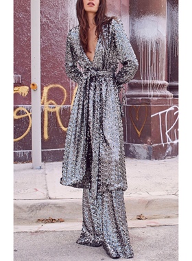 美系轻奢@lexis 女款 $870 niecy 亮片中长款绑带大衣