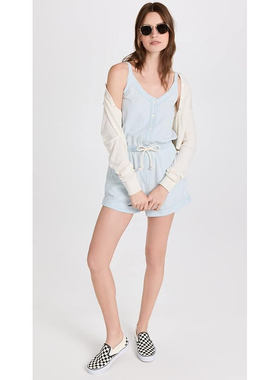 加州摩登SPLE*DID 女款 棉质 浅蓝色纽扣抽绳收腰吊带连体短裤