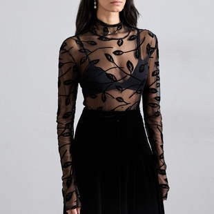 未来复古纽约设计师NK 女款 黑色 半透视高领植绒长袖T恤