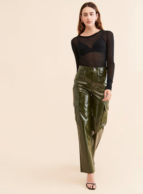 洛杉矶设计师PD 女款 Cassie 绿色复古仿皮亮面多口袋工装皮裤